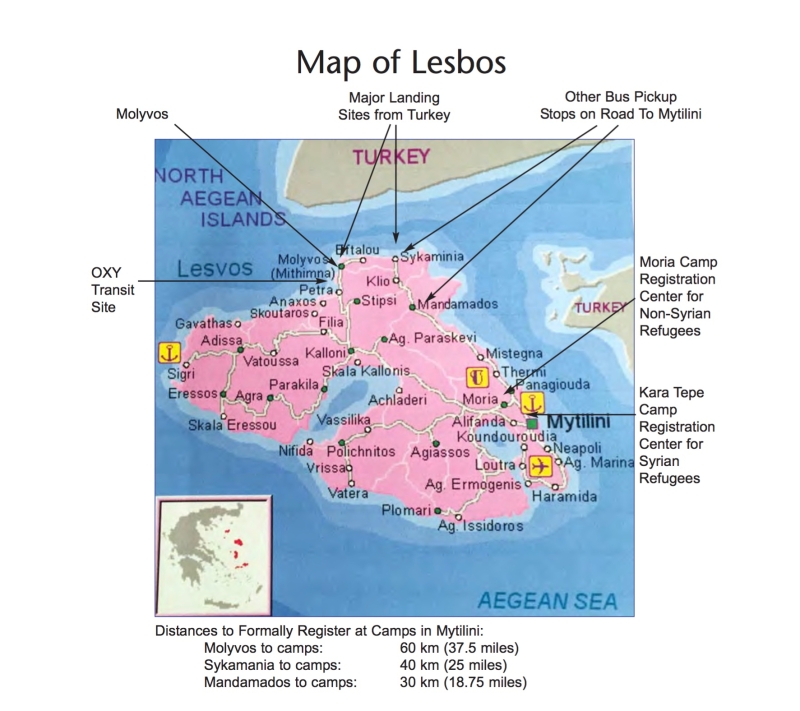 Map of Lesbos, Greece. 